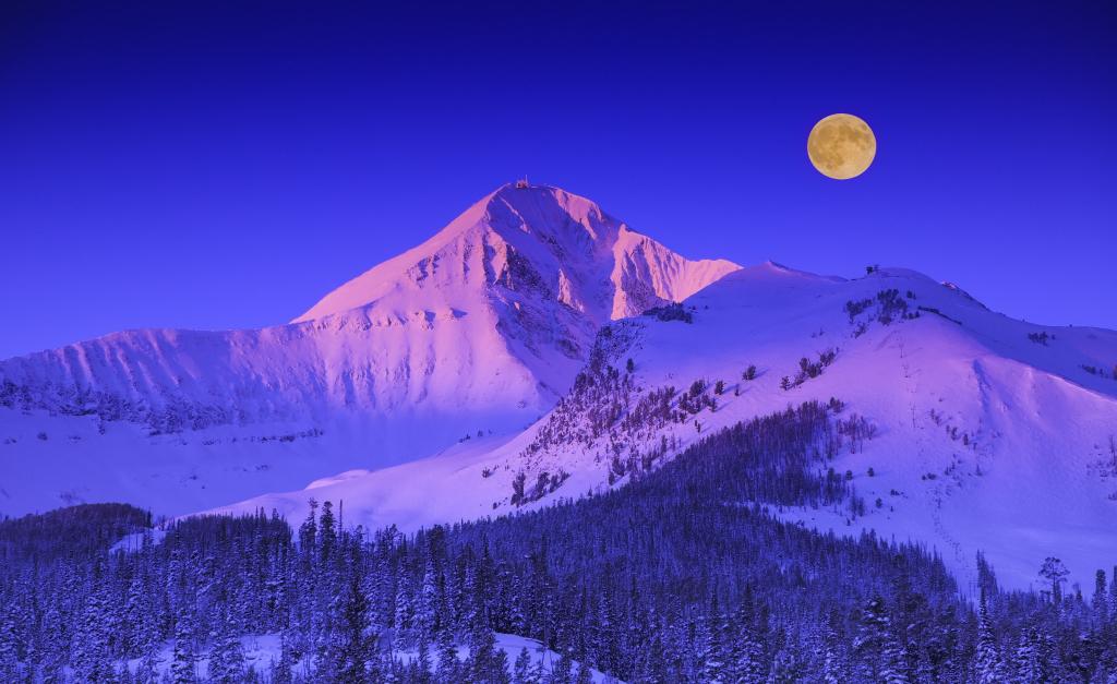 自然,景观,蒙大拿州,冬天,山,森林,雪,月亮