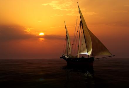 渲染，日落，地平线，天空，游艇，风帆，3D，海，图形，太阳