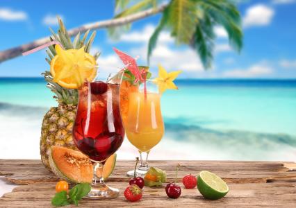 鸡尾酒，夏天，棕榈，水果，美味，背景，热带地区