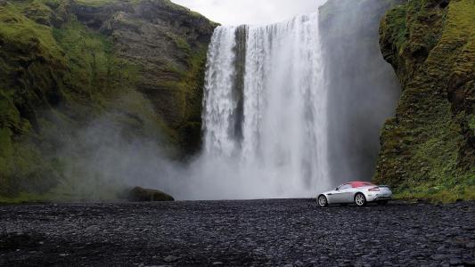 冰岛，瀑布，性质，岩石，超级跑车，阿斯顿·马丁