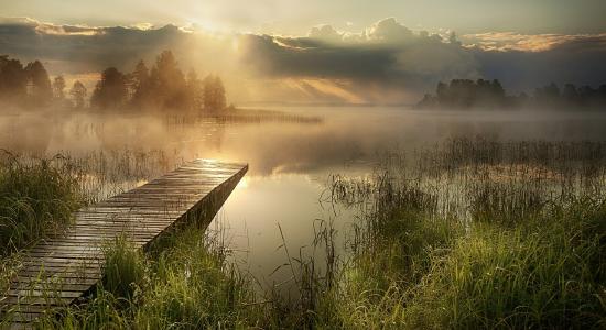 桥，湖，甘蔗，云，黎明，反射，加林娜Yunyaeva