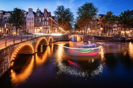 城市，阿姆斯特丹，阿姆斯特丹，房屋，河，桥，晚上，灯，照明