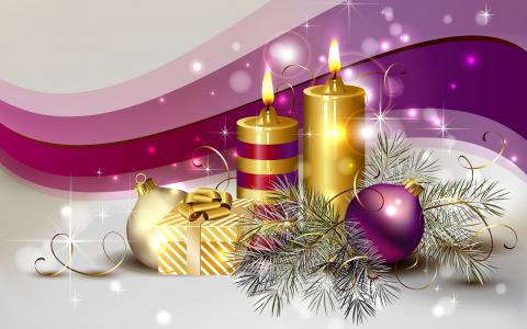 明亮的新年图片，蜡烛，火，礼物，云杉分支