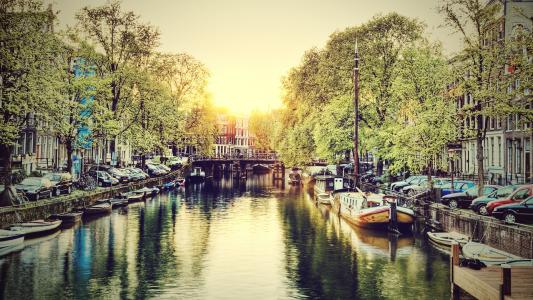 水，荷兰，黎明，运河，城市，阿姆斯特丹，日出时的运河