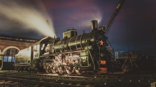 蒸汽机车，车厂，夜间，蒸汽，Er794-12，复古，苏联，铁路