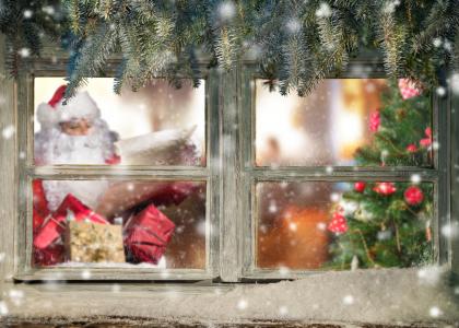 假日，新年，窗口，冬季，圣诞老人，圣诞树，树枝，针，饰品