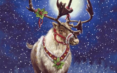 鹿，新年，月亮，夜，圣诞节，雪