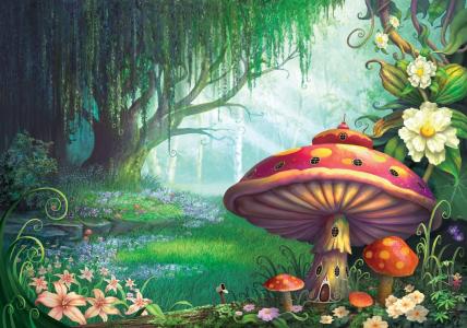 幻想世界，童话森林，仙女屋，蘑菇，飞行琼脂，图形，绿色背景