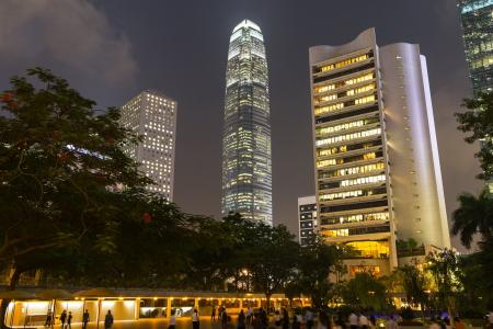 香港，建筑物，摩天大楼，天空，树，灯，照明，晚上，美容