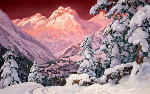 在雪，山，日落，冬天，阿洛伊斯Arnegger发光