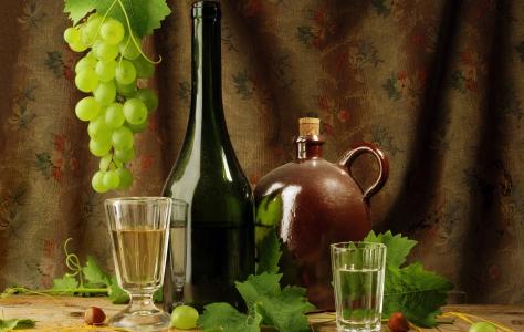 玻璃，葡萄​​，酒，叶子，伏特加酒，一瓶，一杯