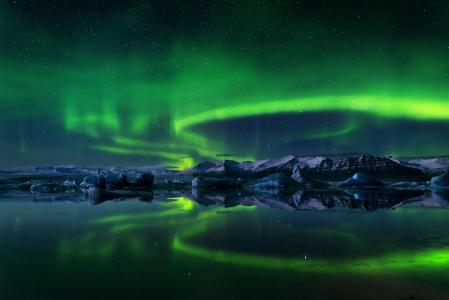冰岛，夜晚，北极光，自然，山，天空，星星，冬天，冰，雪