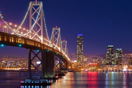 城市，旧金山，晚上，灯，桥，旧金山
