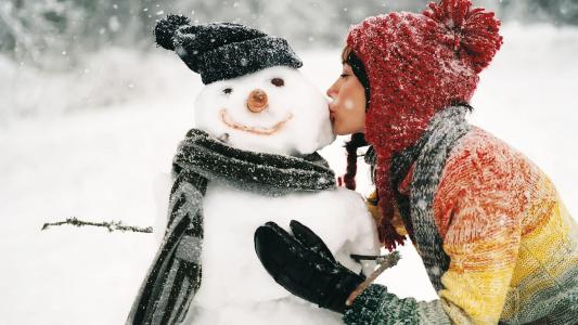 冬天，雪人，女孩，照片，积极