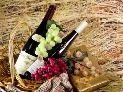 篮子，葡萄，酒，消声器，礼物