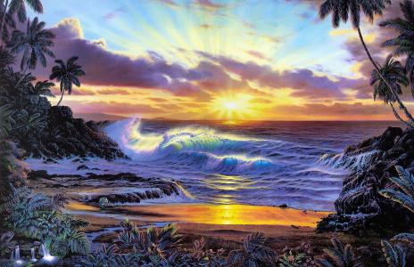 夕阳的时刻，岸边，波浪，棕榈树，光线，基督教拉森