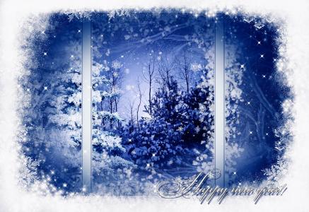 新年快乐，模式，窗口，雪，树，冬天，雪花，枞树