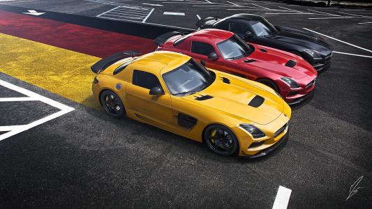 梅赛德斯 - 奔驰，SLS，AMG，黑色版，超级跑车，黄色，红色，黑色，德语，国旗，宽屏，沥青