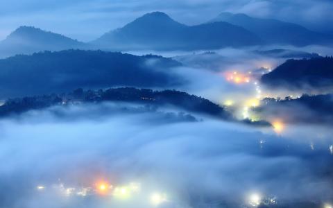 早上，灯，雾，晚上，山谷
