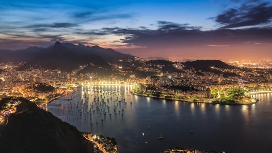 里约热内卢，guanabara，湾，湾，晚上，日落，天空，云，城市，灯光，照明，查看，全景