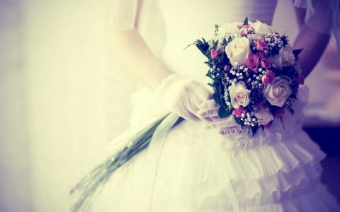手套，鲜花，新娘，花束，礼服