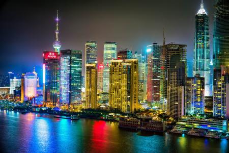 中国，夜，城市，灯，河