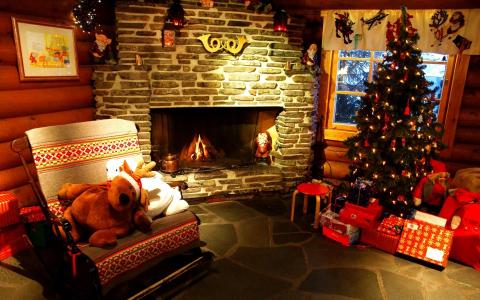 新年，圣诞树，壁炉，礼物