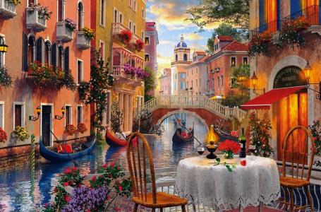 威尼斯，风景，插图，宽，意大利，艺术品，艺术，水，运河，绘画，屏幕