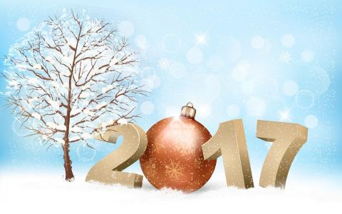新的一年，2017年，假期，树，雪，眩光，雪花