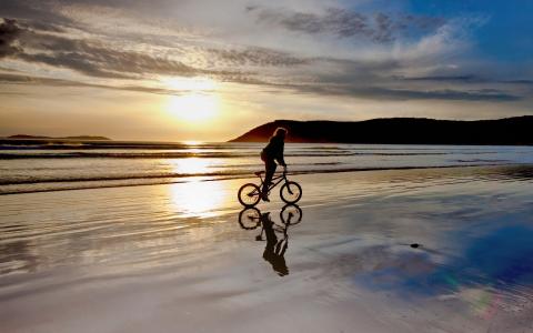 小轮车，自行车，海滩，日落