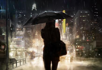 晚上，女孩，城市，特大城市，雨，伞