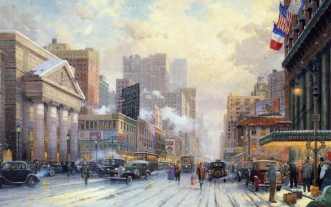 绘画，托马斯kinkade，城市，冬天，街道，1932年，艺术，第七大道雪，雪，纽约