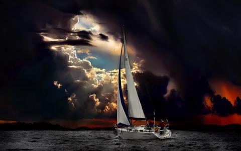海，海洋，帆船，旋风，天窗，人，云，云