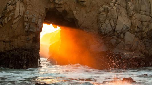 岩，自然，海，冲浪，日落