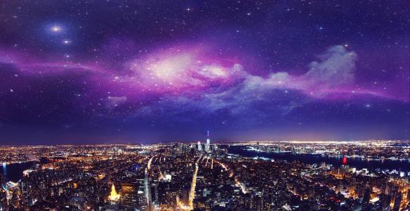 纽约，城市，晚上，灯光，天空，幻想