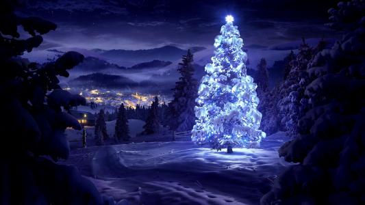 圣诞树，雪，明星，城市