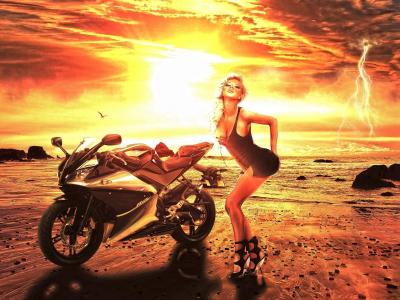 女孩，摩托车，胸部，图，美女，日落，闪电