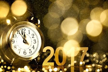 散景，黄金，2017年，香槟，新年，快乐，闹钟，时钟，新的一年
