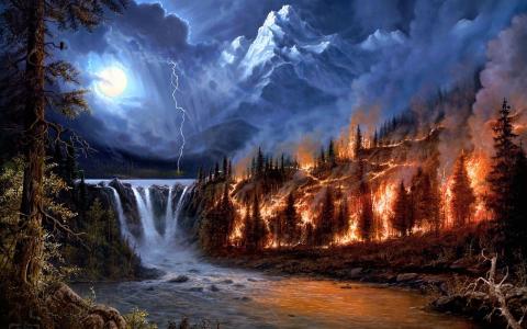 景观，河流，瀑布，火，火，森林，在森林里的火，闪电，元素，月亮