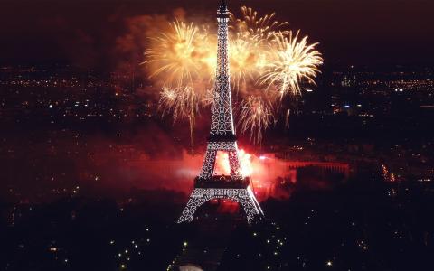 晚上，敬礼，人造，艾菲尔铁塔，巴黎，烟花爆竹