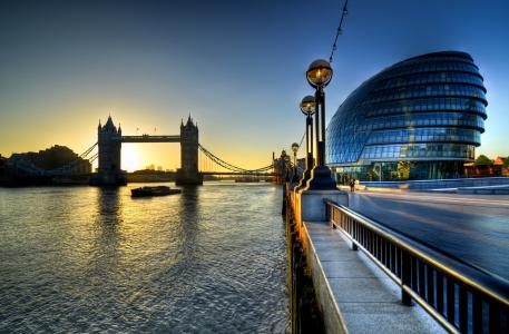 日出，市政厅，英格兰，伦敦，英国，河，塔桥，泰晤士河，英格兰，早上