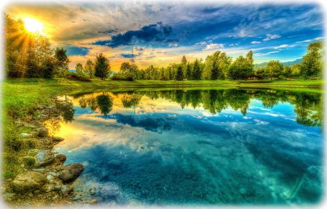 自然，太阳，池塘，夏天，钓鱼，房子，反射