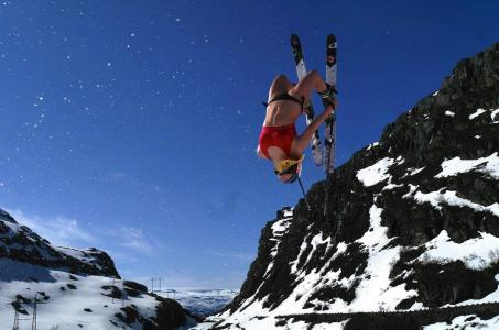 女孩，滑雪，自由式，飞行，山，极端，美丽