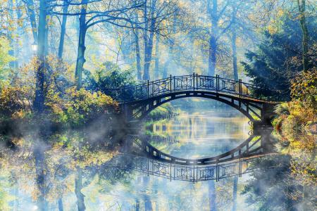 公园，河，秋，桥，起雾，性质