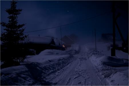 冬天，晚上，村庄，雾