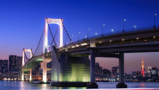 日本，东京，桥，晚上，灯，照明，河，建筑，摩天大楼，天空，美容