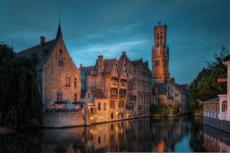 比利时，晚上，建筑物，河，建筑