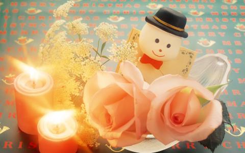 鲜花，蜡烛，新年，圣诞快乐，雪人