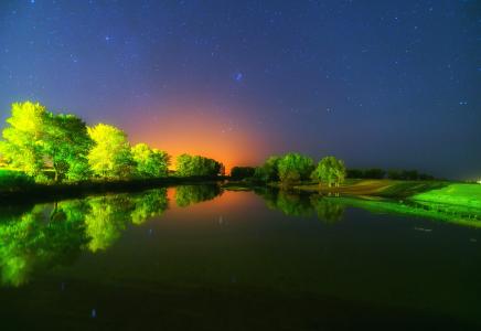 河，树，日落，星星，反射，沉默，Sagaidak帕维尔