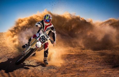摩托车，比赛，沙漠，摩托车，自行车，转弯，尘土，沙子